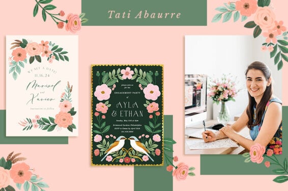 Profile cover featuring Tati Abaurre, a designer for Greetings Island. A captivating portrait of Tati in her studio takes center stage, exuding creativity and passion. Flanking her portrait are two intricately designed invitations, showcasing her talent for crafting memorable moments. Surrounding these designs are playful illustration elements