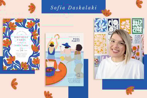 A blog cover featuring Greek artist Sofia Daskalaki. The image includes a portrait of Sofia, smiling and wearing glasses, against a colorful backdrop of her artwork. Next to her are two invitation designs: one, a vibrant birthday party invitation with blue and orange floral motifs, and the other, a pool party invitation with a playful illustration of people lounging by the pool.